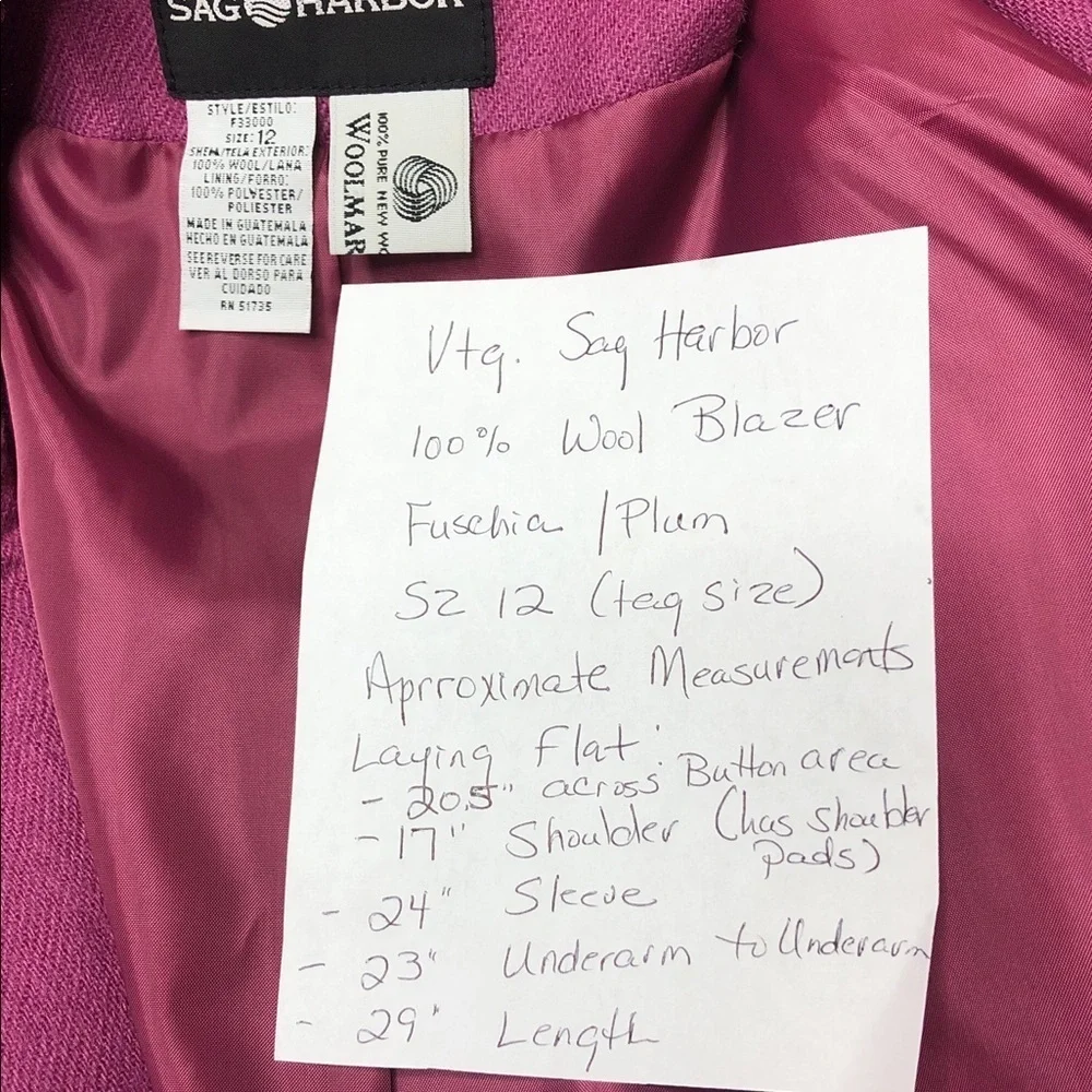 Vtg 90’s Sag Harbor 100% Wool Blazer Wo’s 12 Fuchsia Pink Classic Retro Office